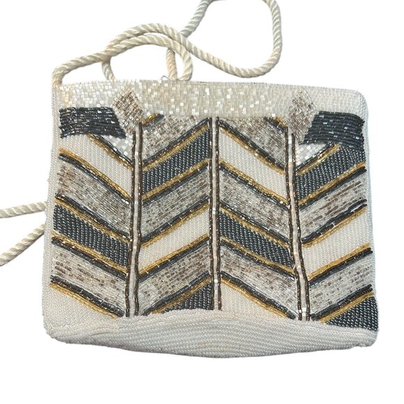 Vtg Beaded Evening Bag Cream Black Beads 80s Formal Party Crossbody Edgy Bold - Picture 3 of 5